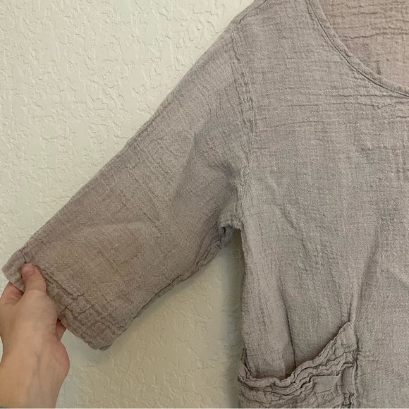 luukaa lagenlook linen beige 3/4 length sleeves front pockets shirt - Picture 3 of 8